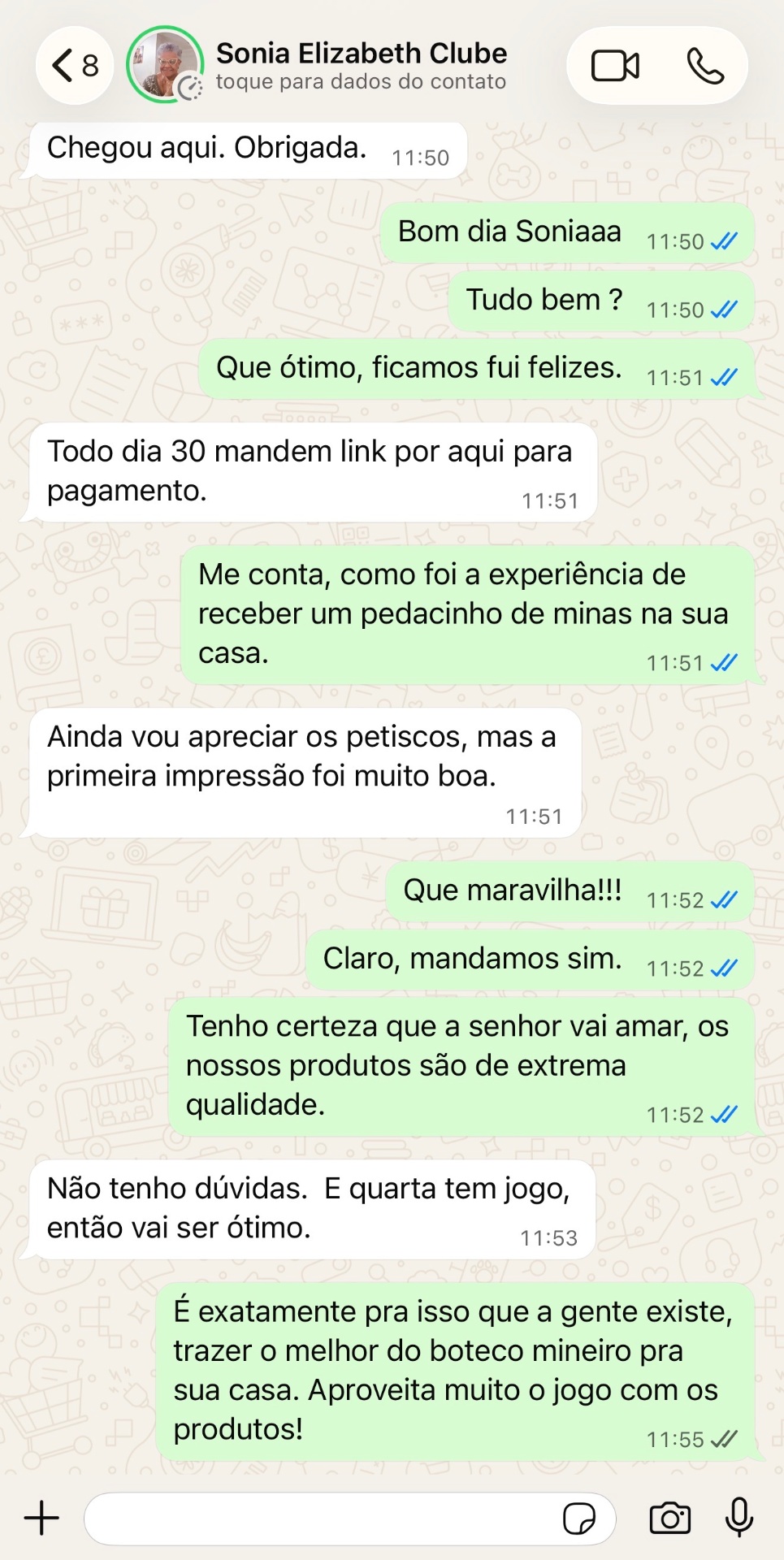 Conversa de WhatsApp com cliente Sonia Elizabeth