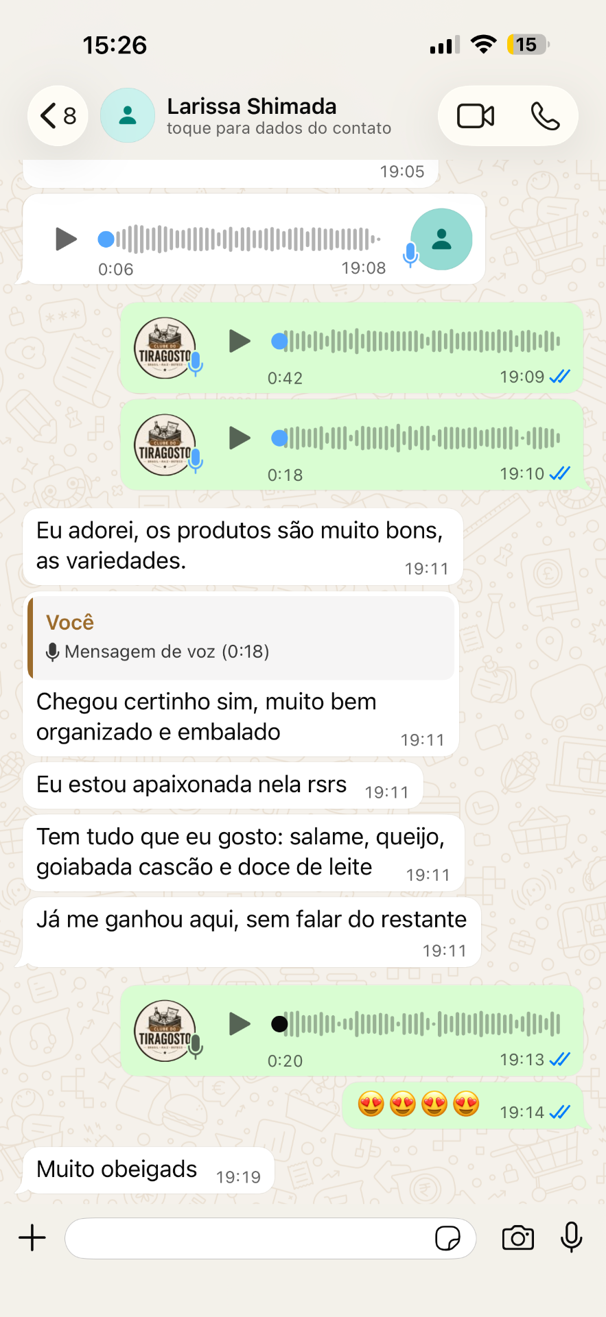 Conversa de WhatsApp com cliente Larissa Shimada