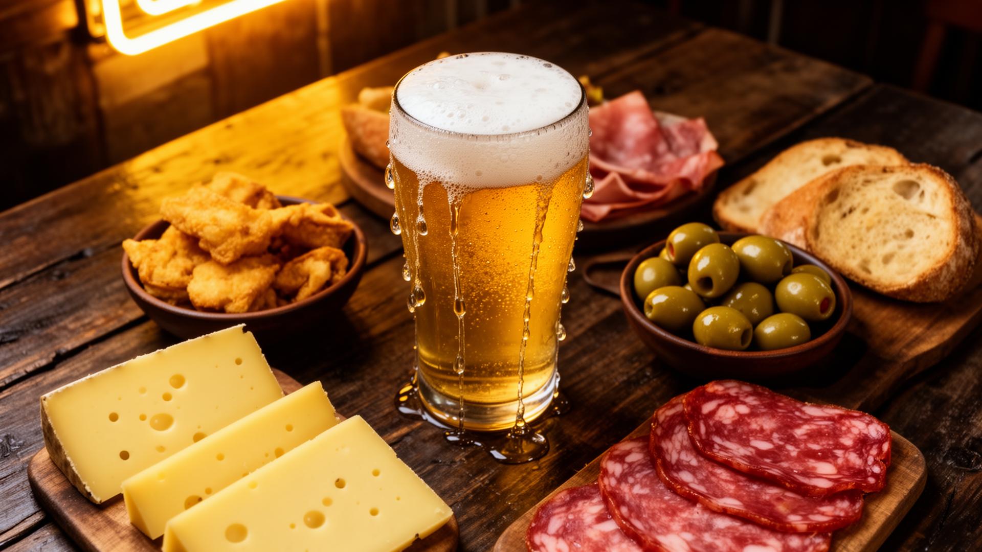 Mesa de boteco com petiscos e chopp